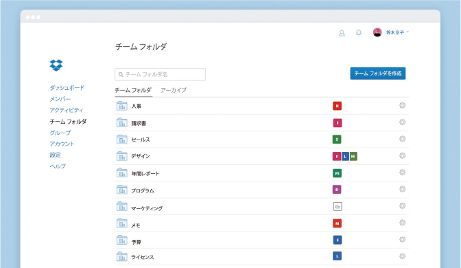 全メンバーに同期される「チームフォルダ」