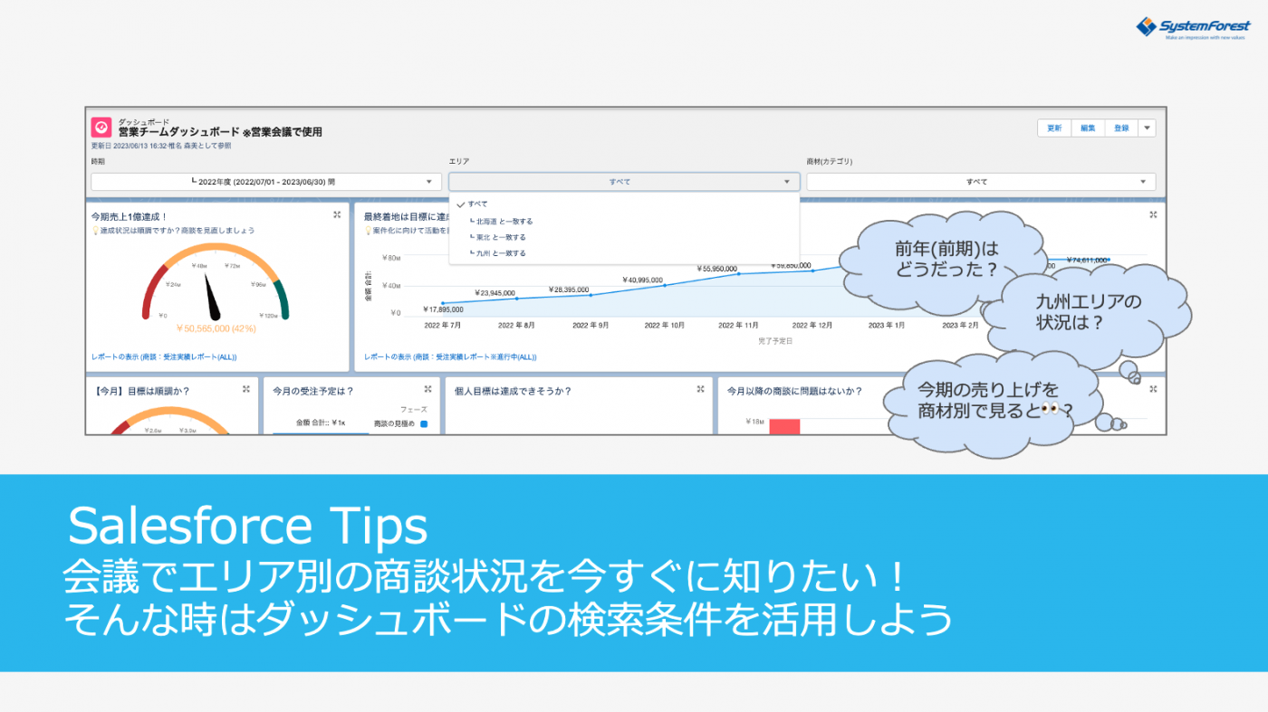 会議でエリア別の商談状況を今すぐに知りたい！そんな時はダッシュボードの検索条件を活用しよう